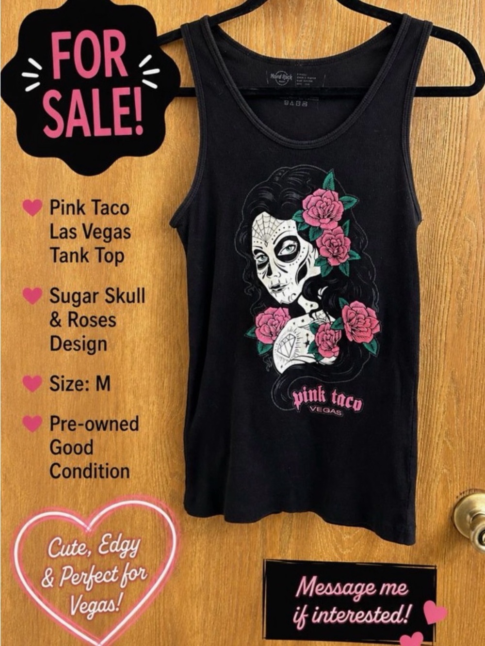 Pink Taco Las Vegas Sugar Skull Rose Black Tank Top Day of Dead